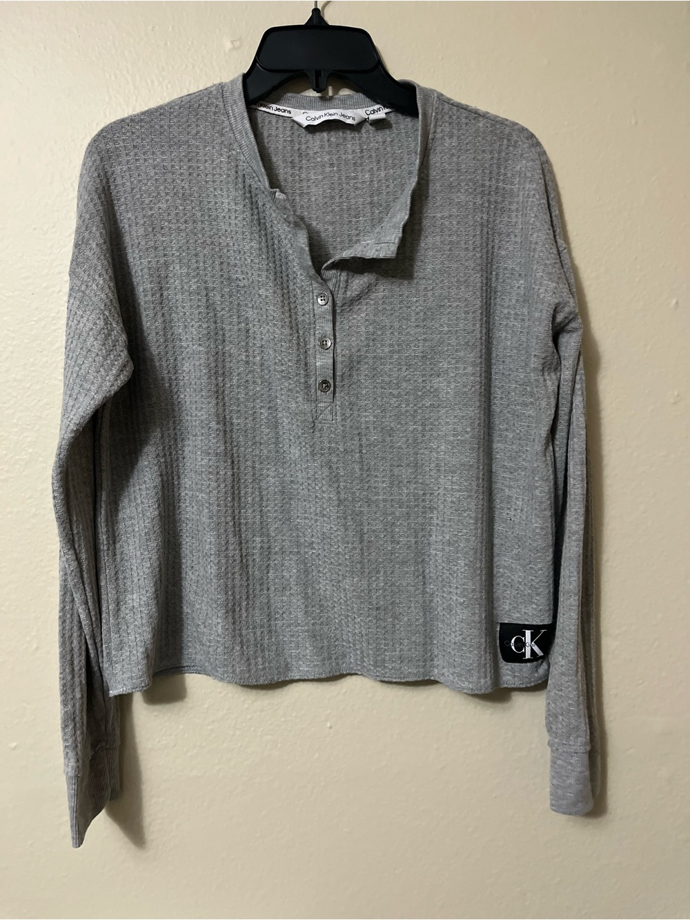 Calvin Klein Jeans Heather Gray Waffle Henley Long-Sleeve Sweater